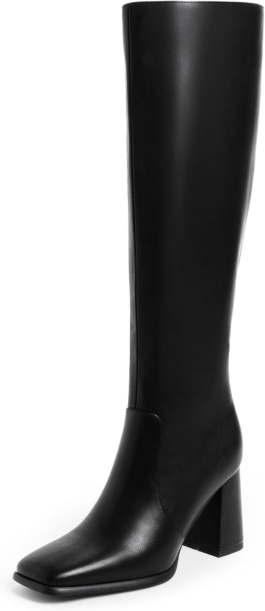 Knee High Boots Women Chunky Heel Square Toe Tall Boots for Women High Heel Side Zipper Long Boots
