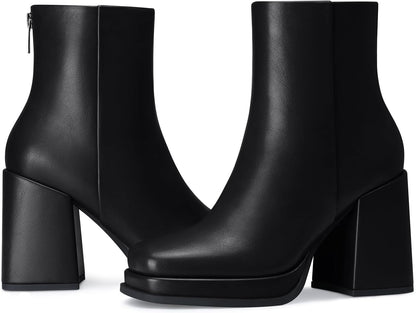 Women Platform Ankle Boots: 3.5 In Chunky High Heel Boot, Fashion Platform Short Leather Booties,  Fall Winter Trendy Booties for Date, Party, Weekend, Vacation, Office