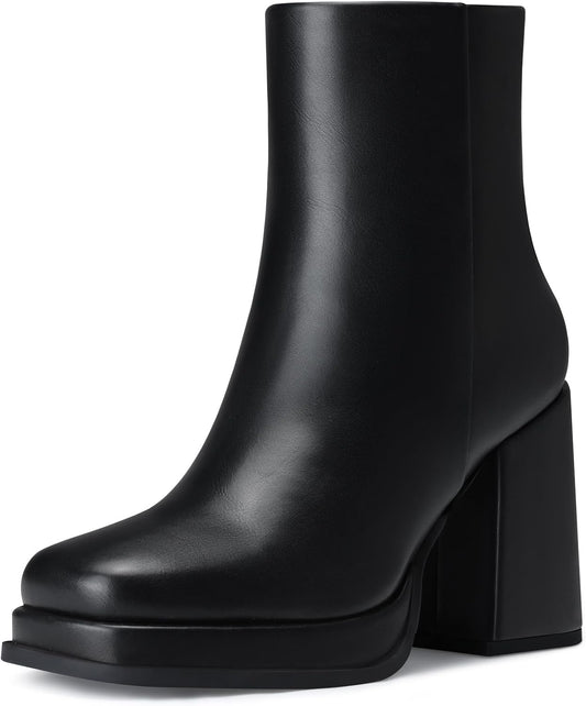 Women Platform Ankle Boots: 3.5 In Chunky High Heel Boot, Fashion Platform Short Leather Booties,  Fall Winter Trendy Booties for Date, Party, Weekend, Vacation, Office