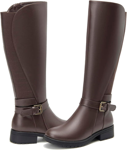 Women's Stretch Knee High Boots Low Block Heel Buckle Strap Classic Riding Boots Ladies Side Zip Elastic Casual Fashion Winter Boots