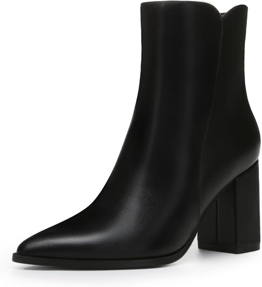Women's Heeled Ankle Boots Fashion Pointed Toe Chunky Block Heel Side Zipper Short Booties