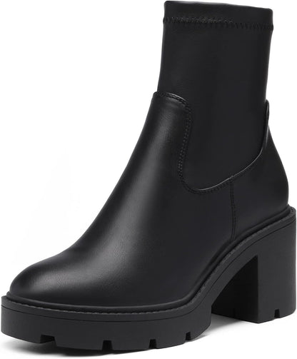 Women's Chelsea Platform Boots Elastic Chunky Heel Lug Sole Ankle Booties Shoes