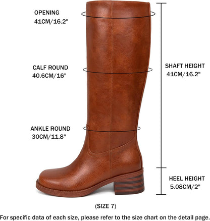 Platform Knee High Boots for Women Square Toe Chunky Block Low Heel Long Boots Wide Calf Riding Boots Pull on Tall Boots