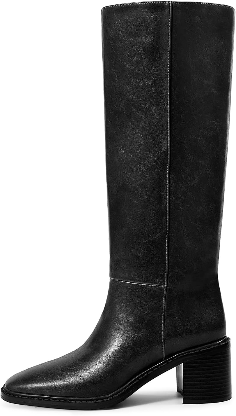 Women's Knee High Boots Tall Riding Boots with Block Chunky Heel Almond Round Toe and Low Platform Pull on Winter Fall Fashion Long Boots - Image 2