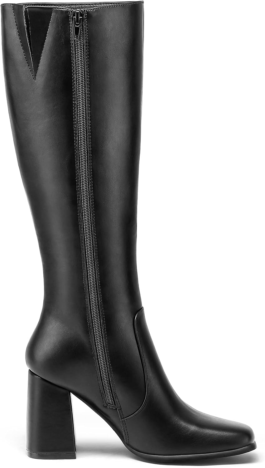 Women's Knee High Boots Block Chunky Heel Square Toe Tall Boots Side Zipper Long Dress Boots - Image 2