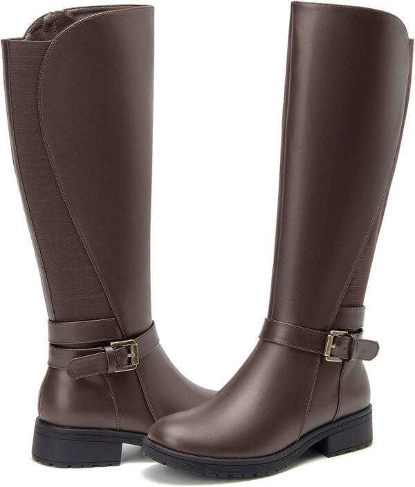 Women's Stretch Knee High Boots Low Block Heel Buckle Strap Classic Riding Boots Ladies Side Zip Elastic Casual Fashion Winter Boots