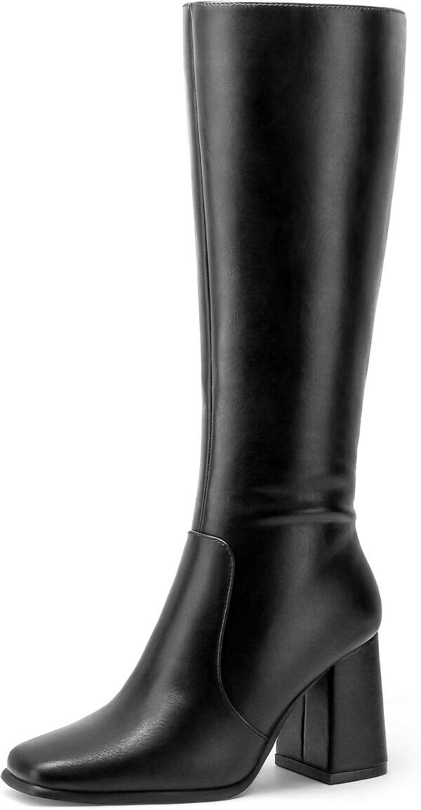 Women's Knee High Boots Block Chunky Heel Square Toe Tall Boots Side Zipper Long Dress Boots