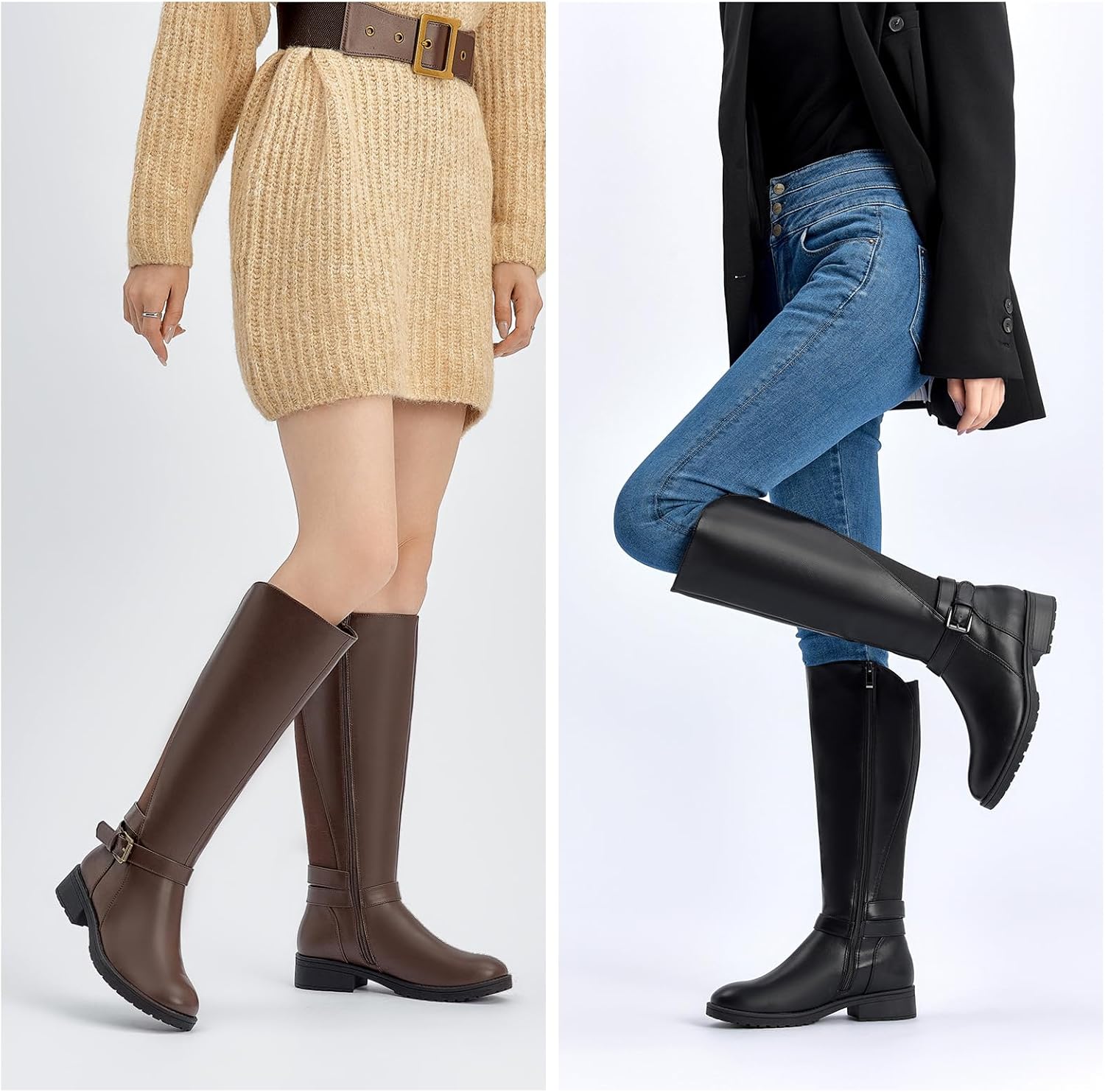 Women's Stretch Knee High Boots Low Block Heel Buckle Strap Classic Riding Boots Ladies Side Zip Elastic Casual Fashion Winter Boots - Image 2