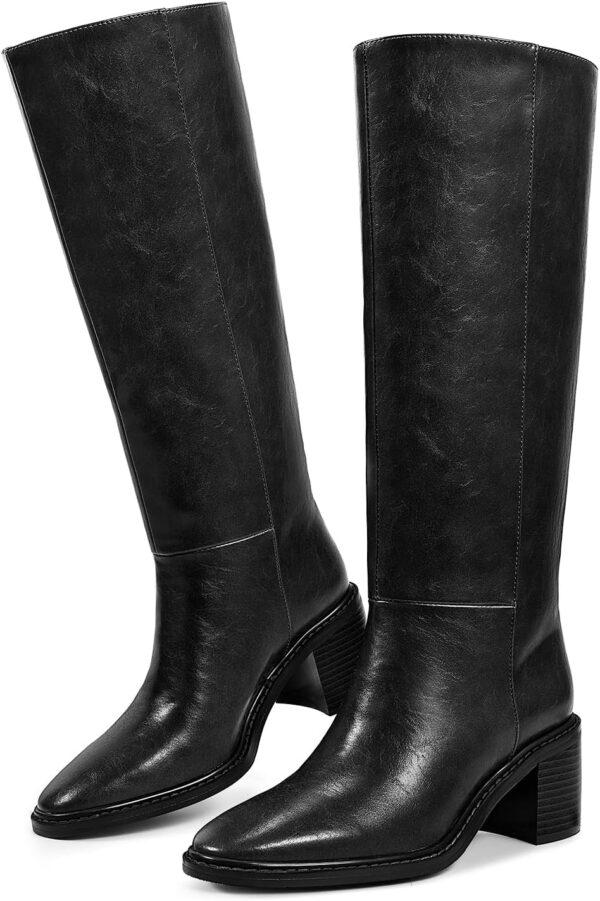 Women's Knee High Boots Tall Riding Boots with Block Chunky Heel Almond Round Toe and Low Platform Pull on Winter Fall Fashion Long Boots