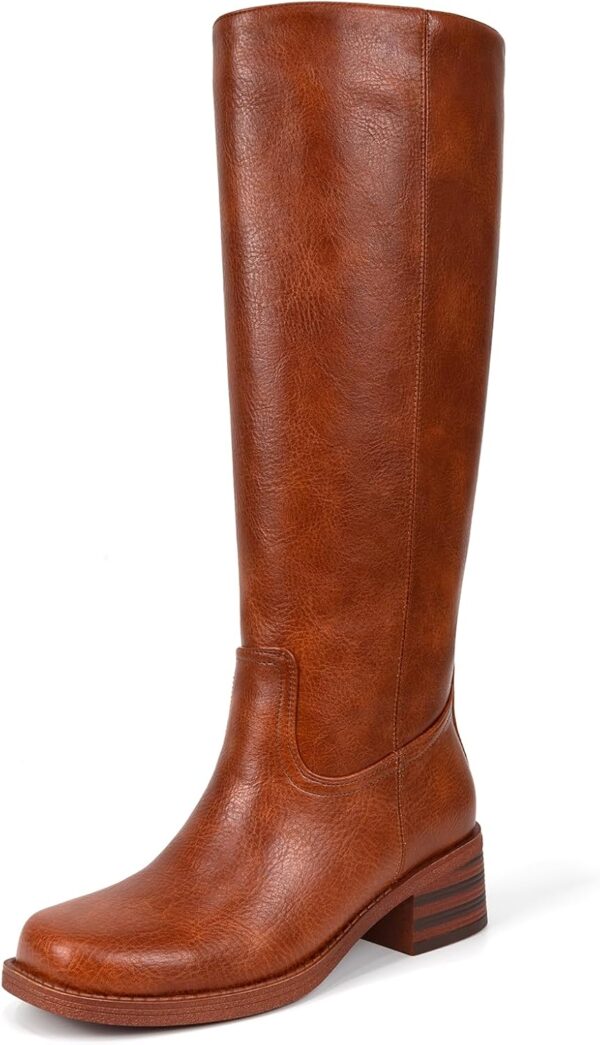 Platform Knee High Boots for Women Square Toe Chunky Block Low Heel Long Boots Wide Calf Riding Boots Pull on Tall Boots